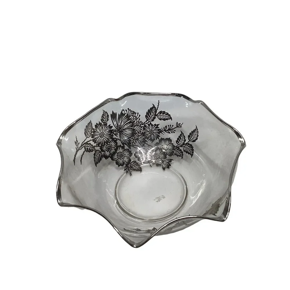 Vintage Silver Overlay Clear Glass Bowl Flowers Scalloped Edge Footed Candy Dish